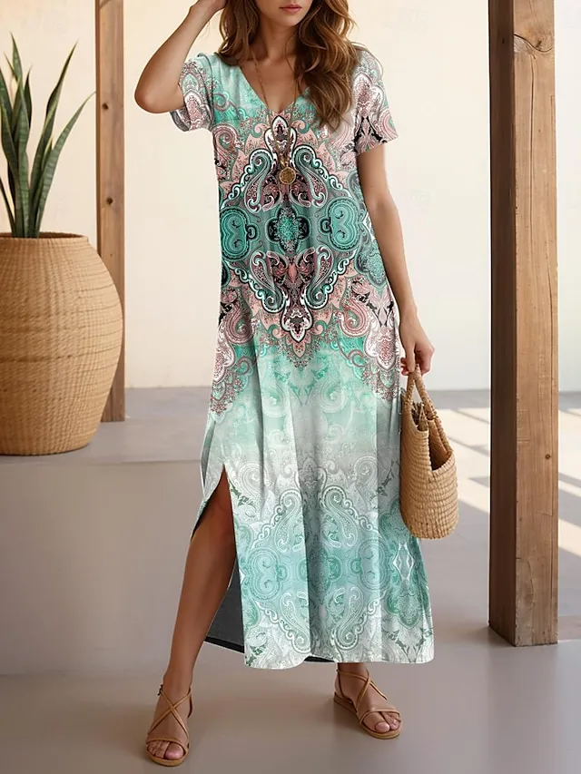 Women's Casual Dress Graphic Tribal Split Hem V Neck Maxi Dress Boho Vacation Short Sleeve Summer