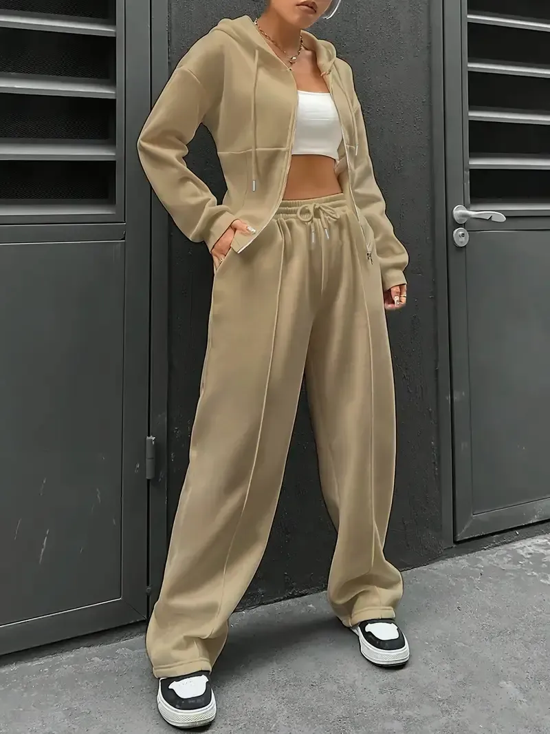 [All Seasons Polyester Hooded Tracksuit] Women'S Elegant Solid Color Polyester Hooded Tracksuit Set with Drawstring and Zipper Details – Knit Fabric Pantsuit for All Seasons