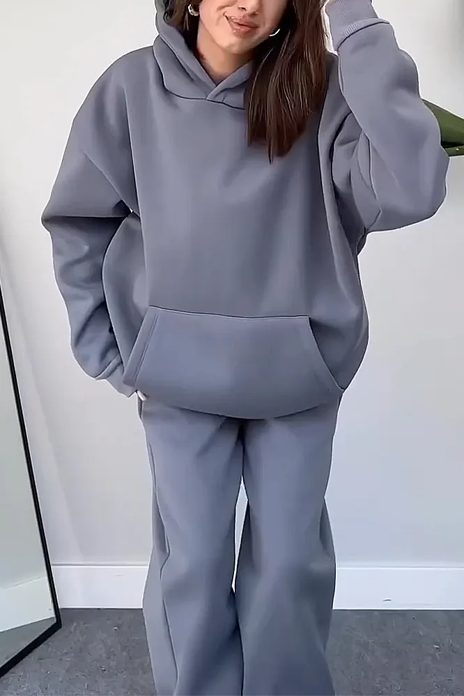 Women's Solid Hooded Sweatshirt and Pants 2-Piece Set