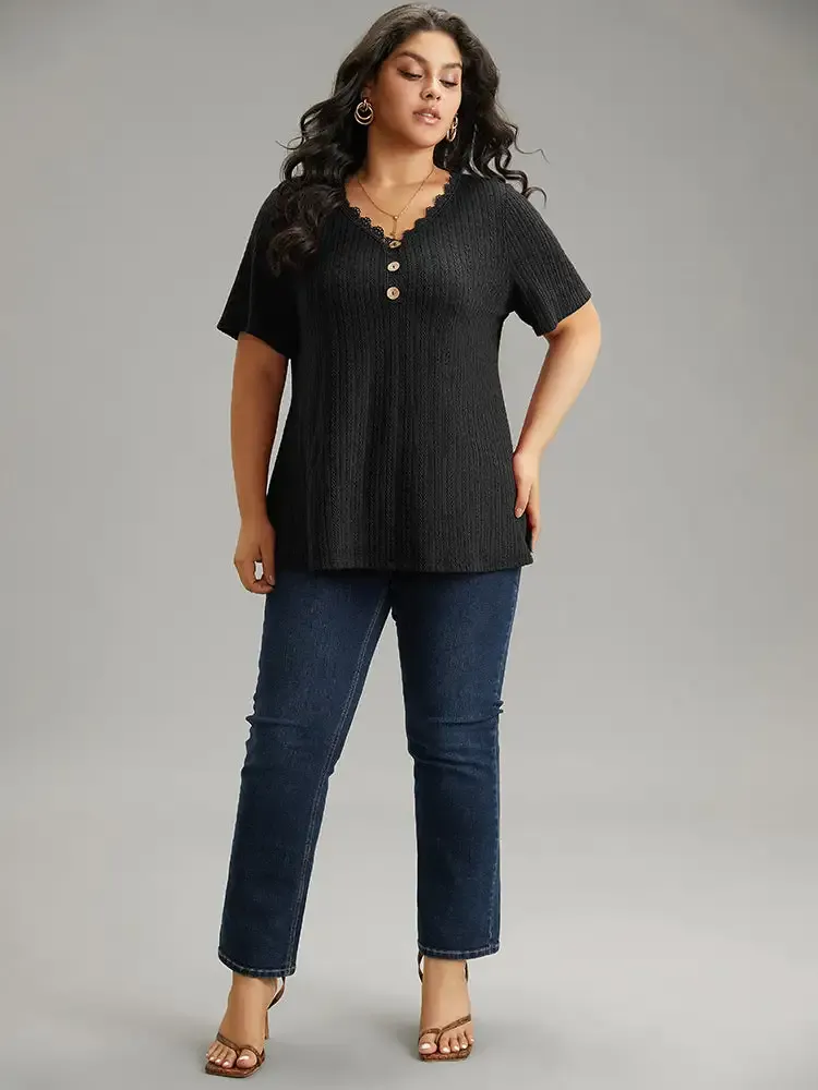 Lace Trim Plisse Button Detail T-Shirt