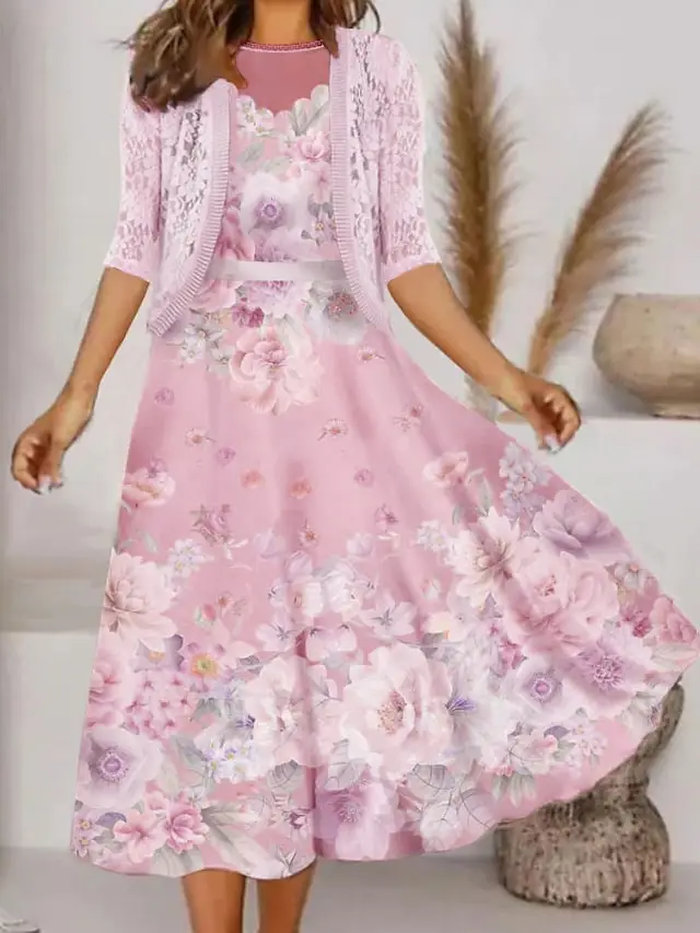 Women's Dress Set Two Piece Dress A Line Dress Midi Dress Pink Half Sleeve Floral Lace Summer Spring Crew Neck Stylish 2023 S M L XL XXL 3XL 4XL 5XL