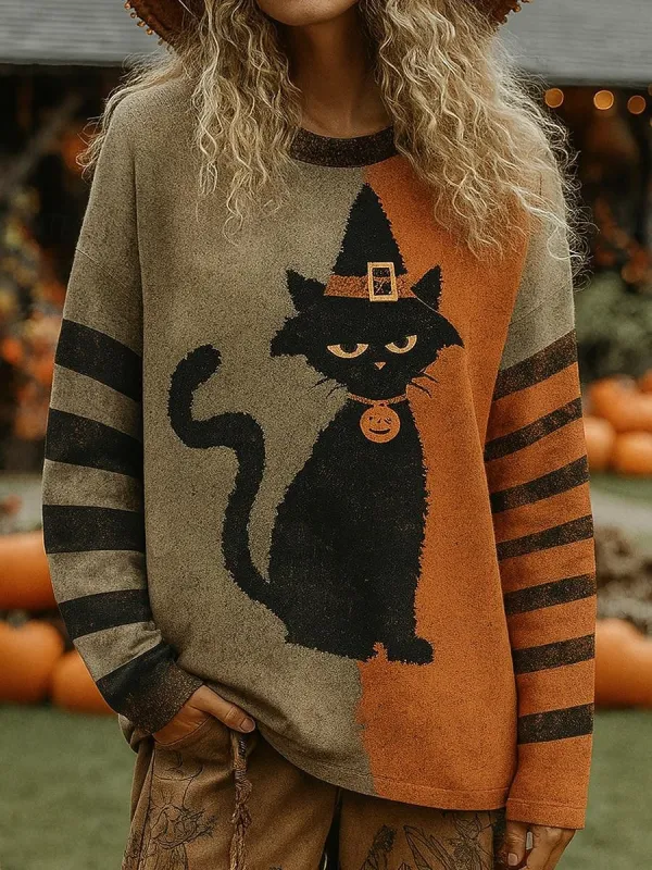 Women's Pullover Graphic Cat Pumpkin Vintage Fashion Classic Long Sleeve Crew Neck Regular Tops Casual Print Orange Fall Winter