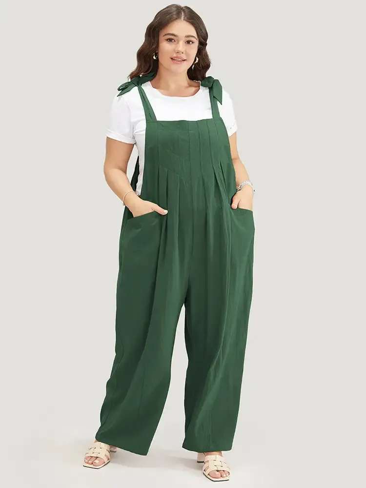 Solid Pleated Detail Pocket Knotted Shoulder Overall Jumpsuit