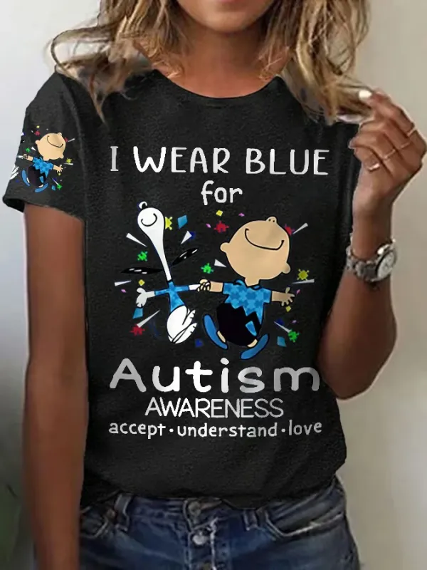 Women'S T-Shirt Retro Autism Awareness I Wear Autism Printed T-Shirt Pure Cotton Round Neck Short Sleeve