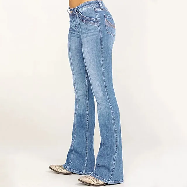 Women‘s Low Rise Jeans Flared Pants Bell Bottom Full Length Denim Side Pockets Wide Leg Micro-elastic Fashion Street Casual Blue Deep Blue S M