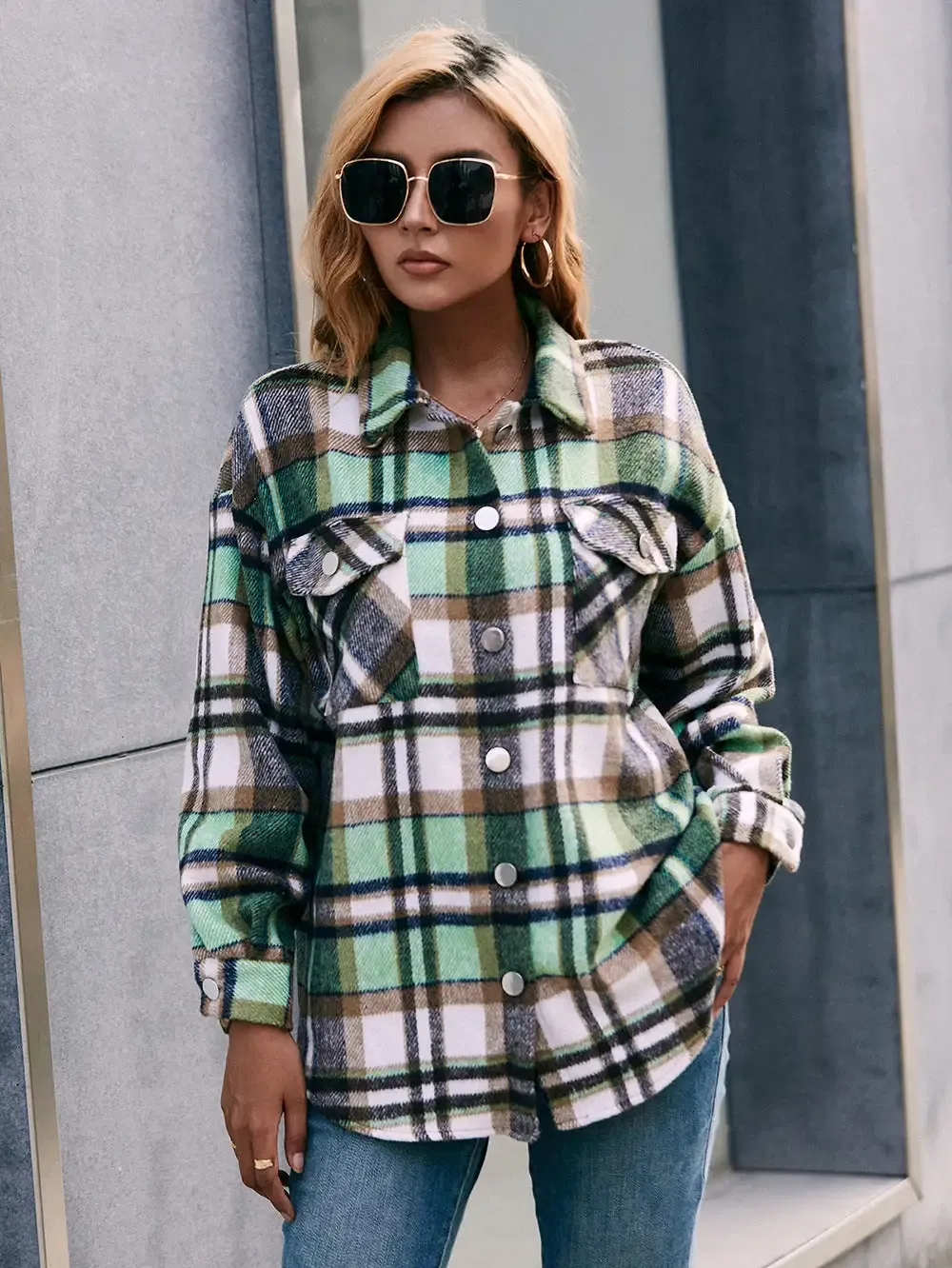 Plaid Button Down Curved Hem Shacket