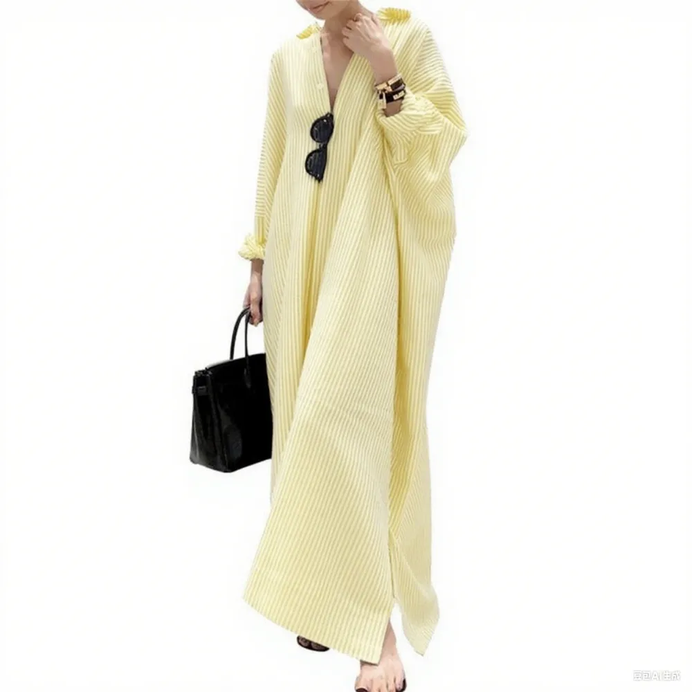 Women's Striped Cotton Maxi Shirt Dress – Casual Loose Fit, Long Sleeve, Button Down