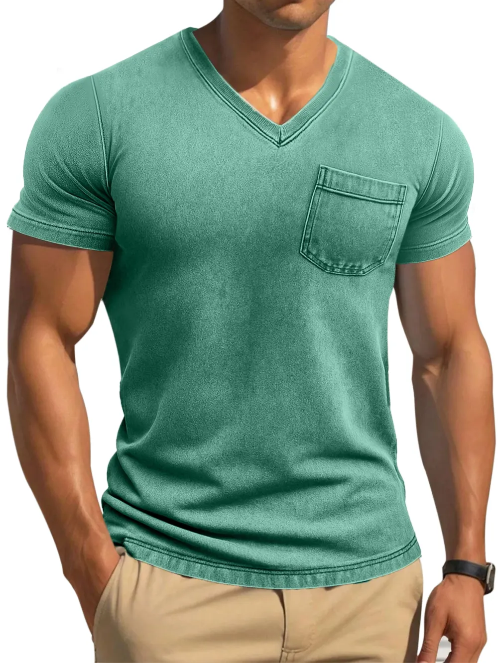 Men's Retro Solid Color Tight And Comfortable V-neck Short-sleeved T-shirt