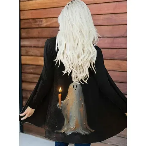 Halloween Women's Coat Lightweight Comfortable Pumpkin Print Vintage Artistic Casual Skull Casual Long Collarless Regular Fit Long Sleeve Outerwear Black White Pink Spring Fall