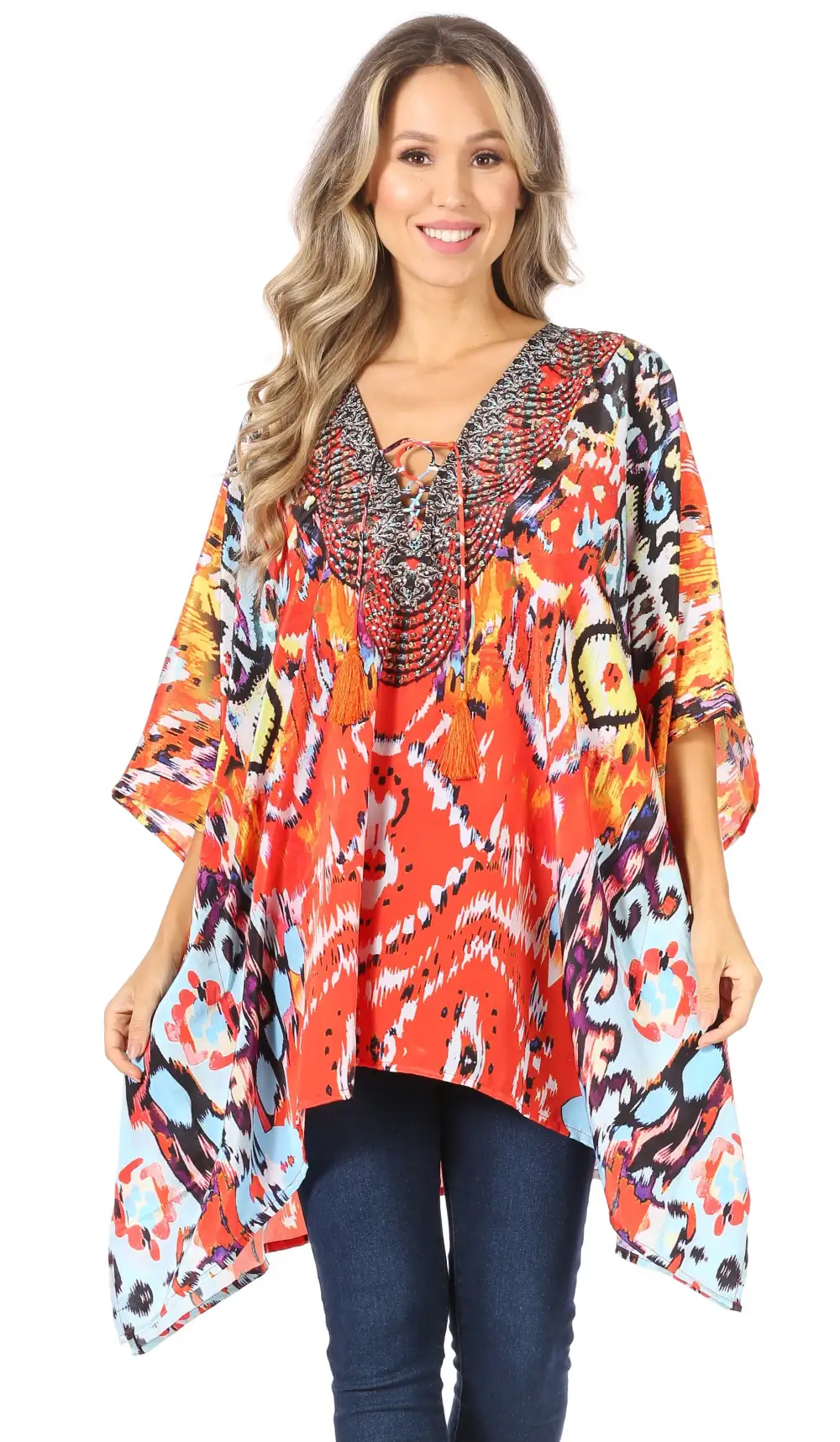 Women's Caftan Poncho Cover up V neck Top Lace up With Rhinestone