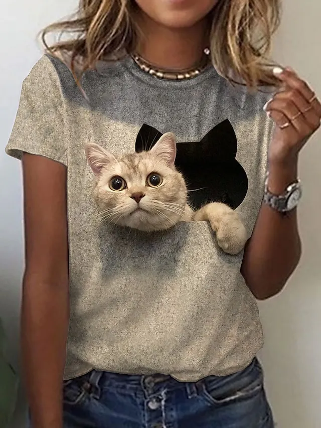 Women's T shirt Tee Black White Blue Graphic Cat Print Short Sleeve Daily Weekend Vintage Round Neck Regular 3D Cat Painting S