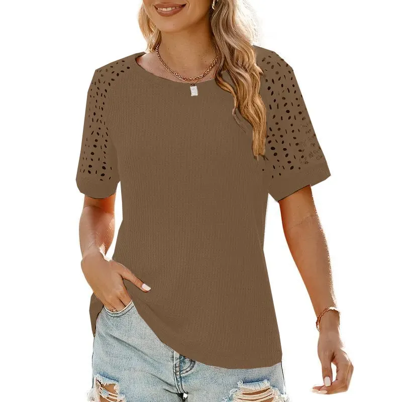 ✨Women Casual Round Neck Waffle Grid Patchwork Hollow Out Embroidered T-Shirt