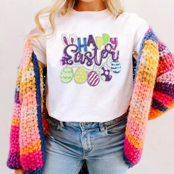 T-shirt Happy Easter Women Printed Round Neck Short Sleeve