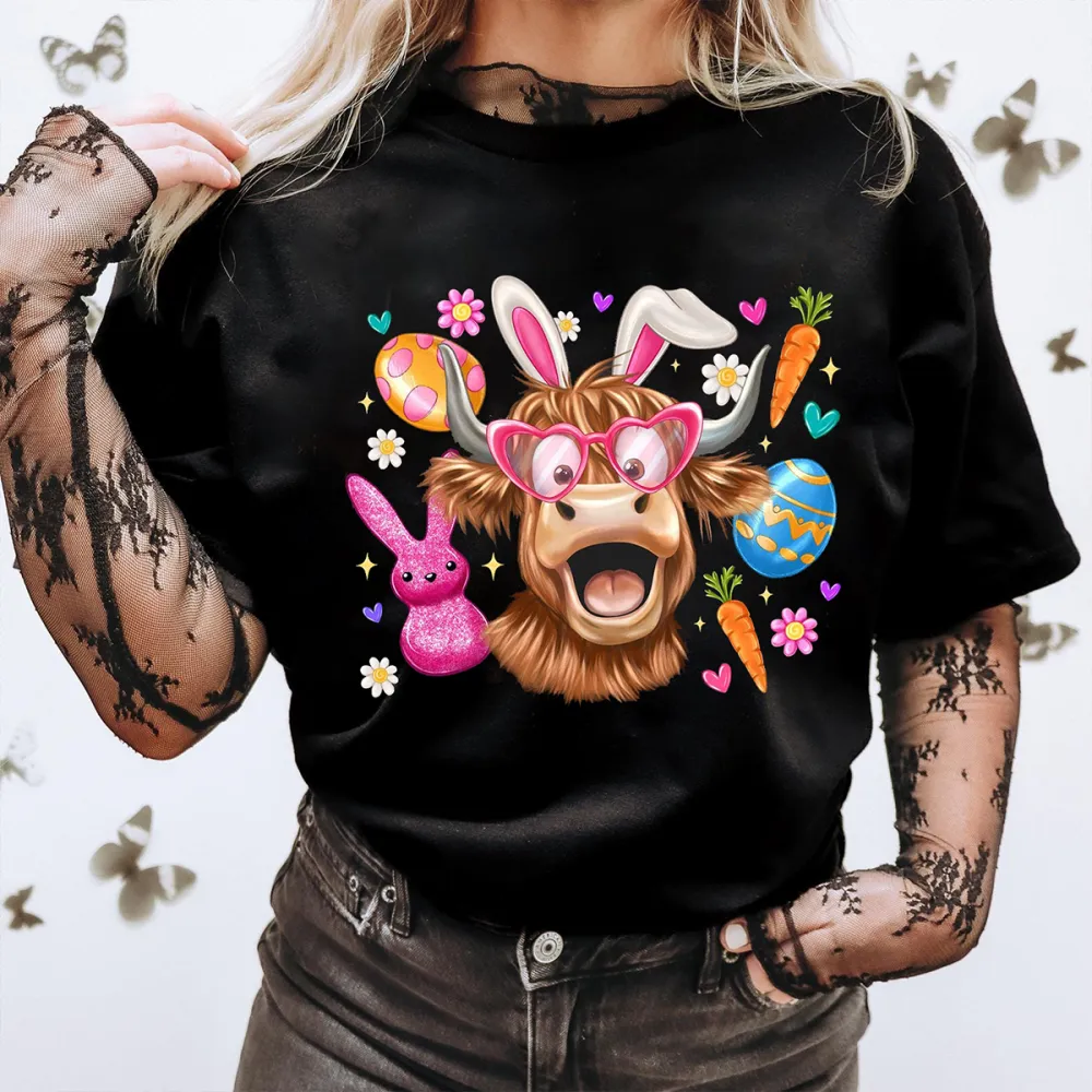 Easter Bunny Highland Cow Eggs Printed Round Neck Short Sleeve T-Shirt