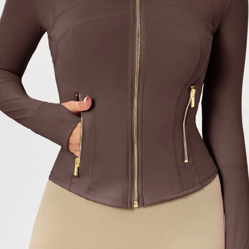 Women’s Solid Zip-Up Sports Jacket: Gold Zipper, Pockets, Lightweight (Yoga/Tennis/Gym/Pickleball)