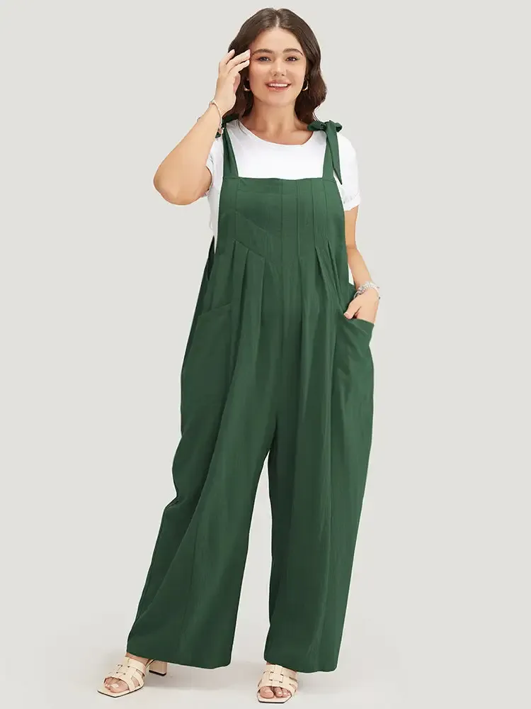 Solid Pleated Detail Pocket Knotted Shoulder Overall Jumpsuit