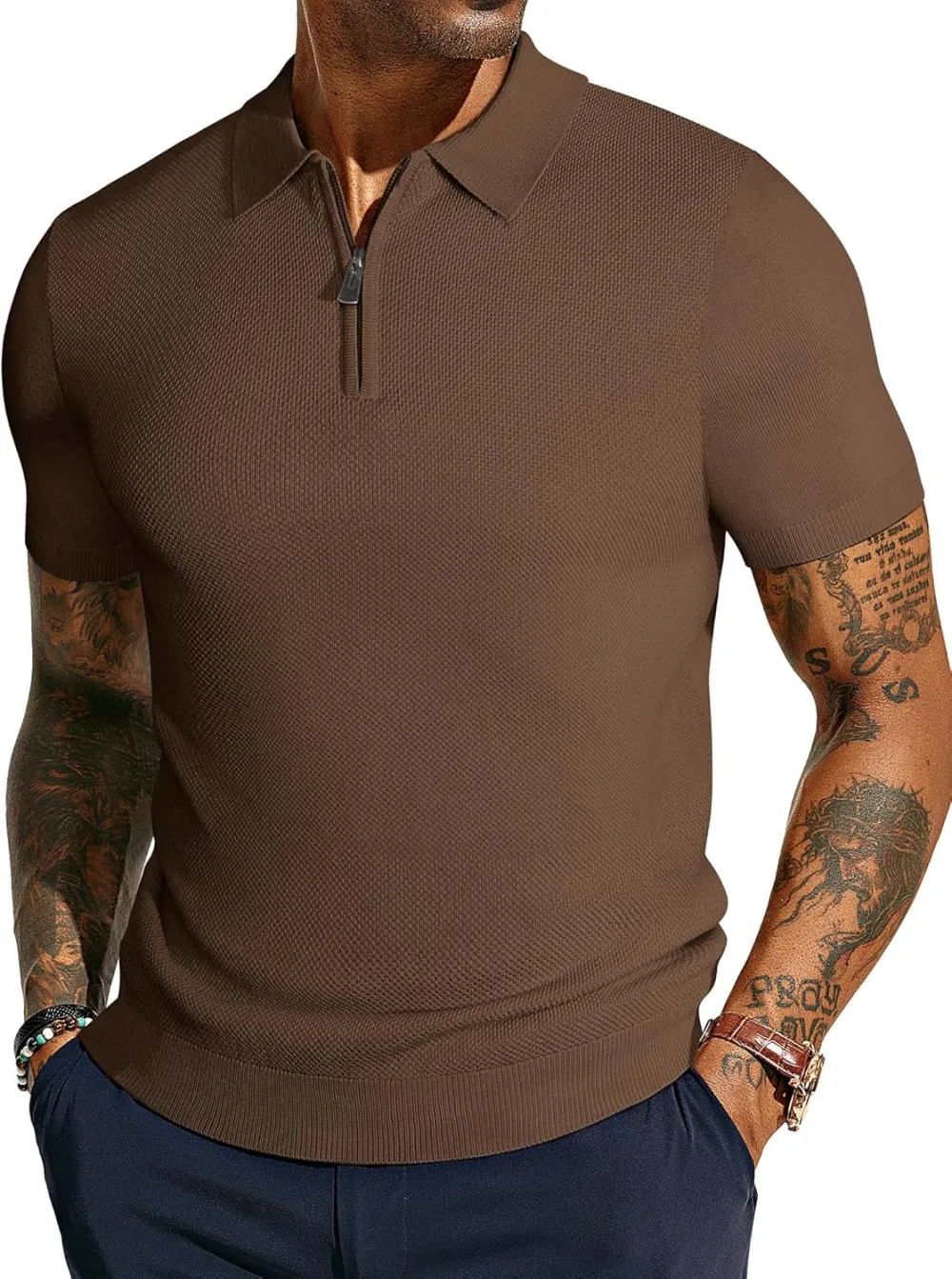 Men's Zipper Polo Shirt Textured Casual Knit Short Sleeve Polo T Shirt