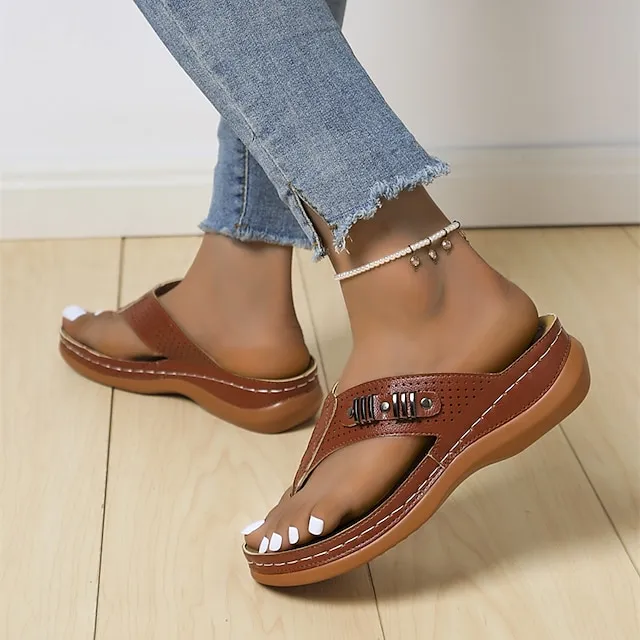 Women's Flip-Flops Flip-Flops Wedge Heel Open Toe Casual PU Leather Loafer Black Blue Brown