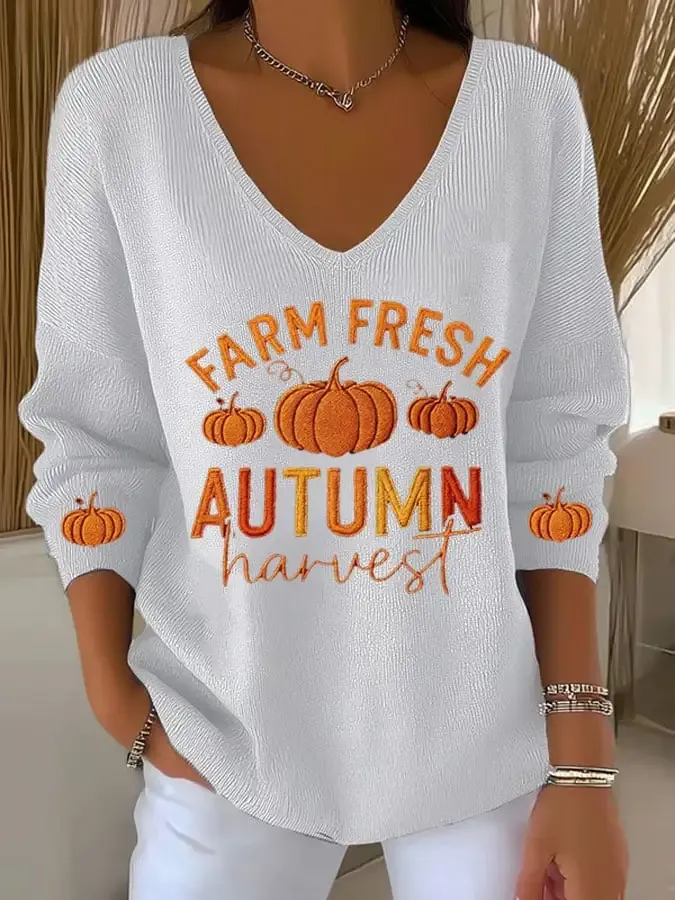 Women's Casual Pumpkin Floral Long Sleeve T-Shirt