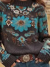 Women's Sweater Pullover Daily Casual Floral Graphic Ribbed Crew Neck Knitted Print Long Sleeve Regular Tops Knit Outdoor Weekend Blue Fall Winter