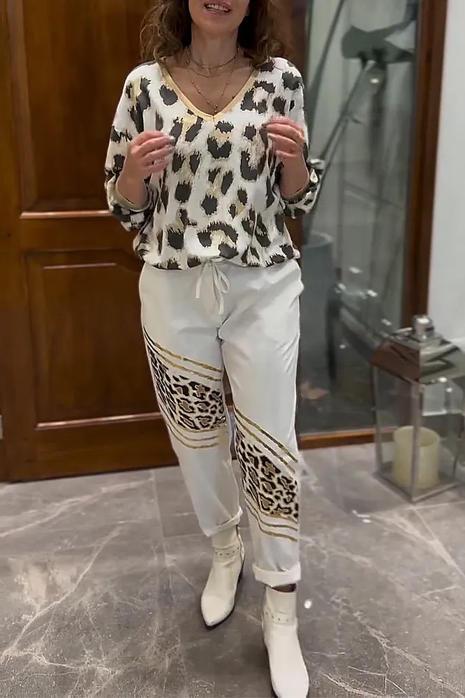 Women's leopard print V-neck top and leopard print two-piece suit