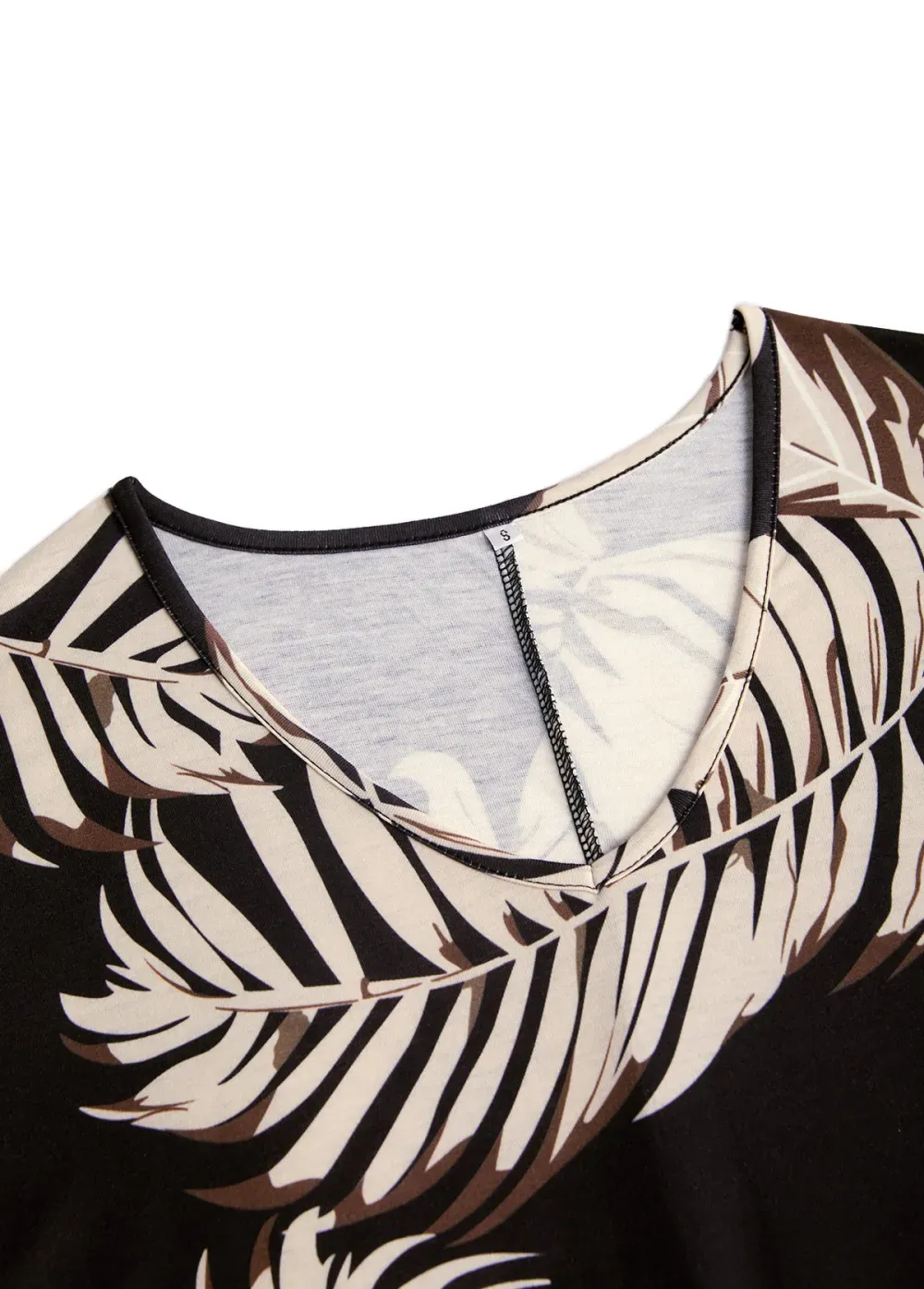 Black Tropical Plants Print Short V Neck Shift Dress