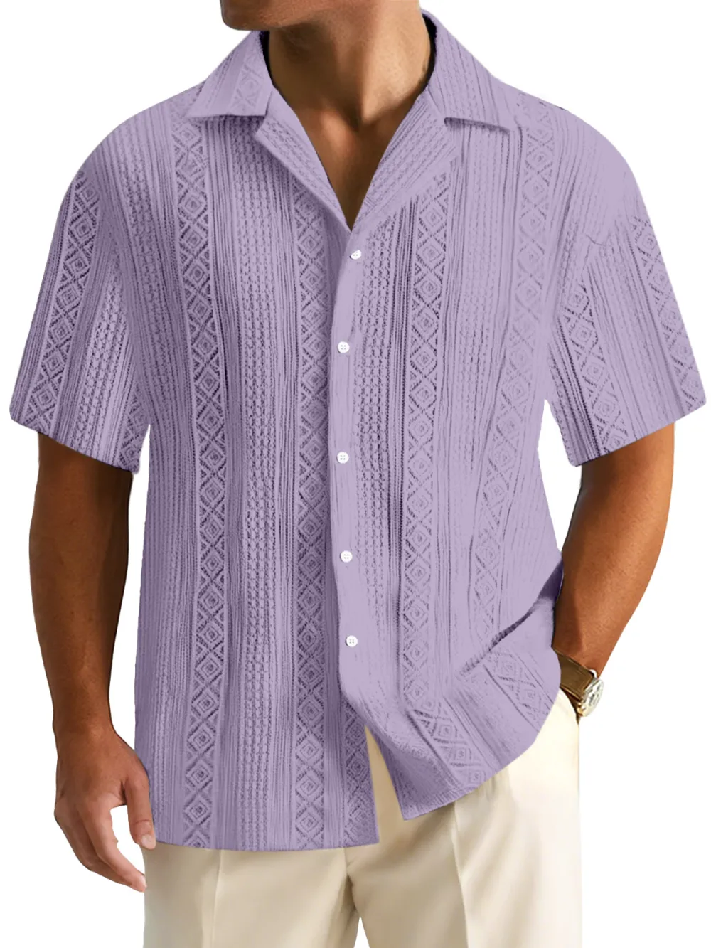 Men's Everyday Solid Color Textured Short-sleeved Cuban Collar Shirt