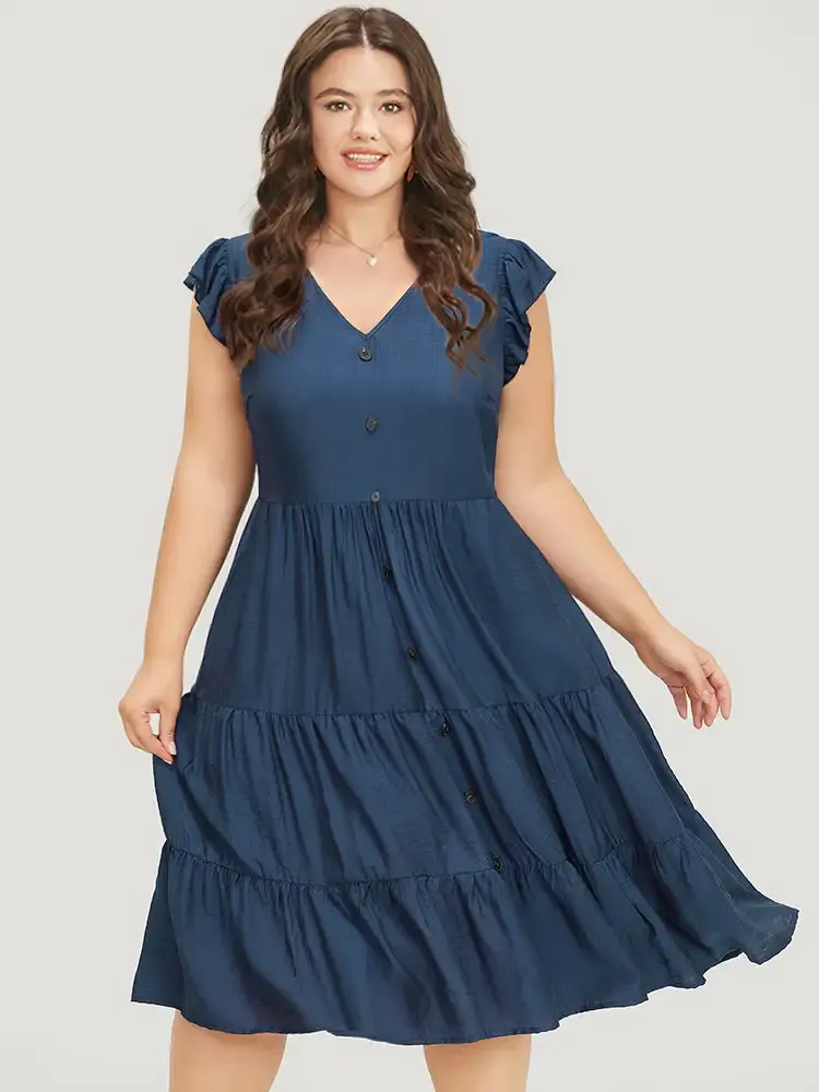 Plain Pocket Button Detail Ruffle Layered Hem Dress