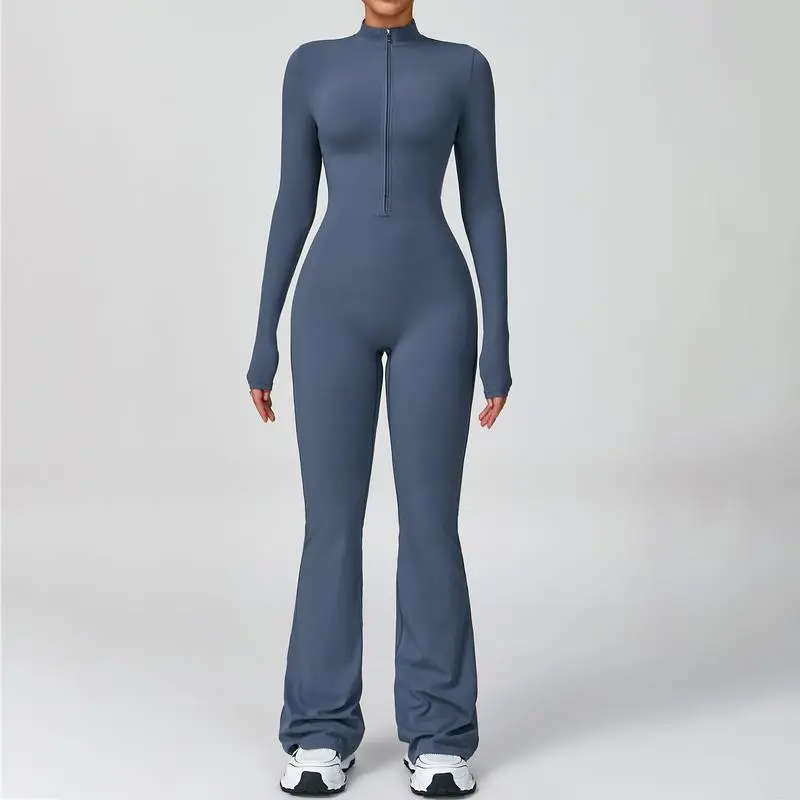 Women's Long Sleeve Flared Jumpsuit – Zipper Wide Leg Activewear for Gym & Casual Wear