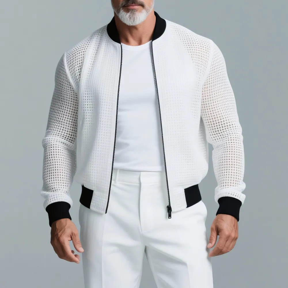 Men's Hollow Out Knit Stand Collar Long Sleeve Zipper Bomber Jacket