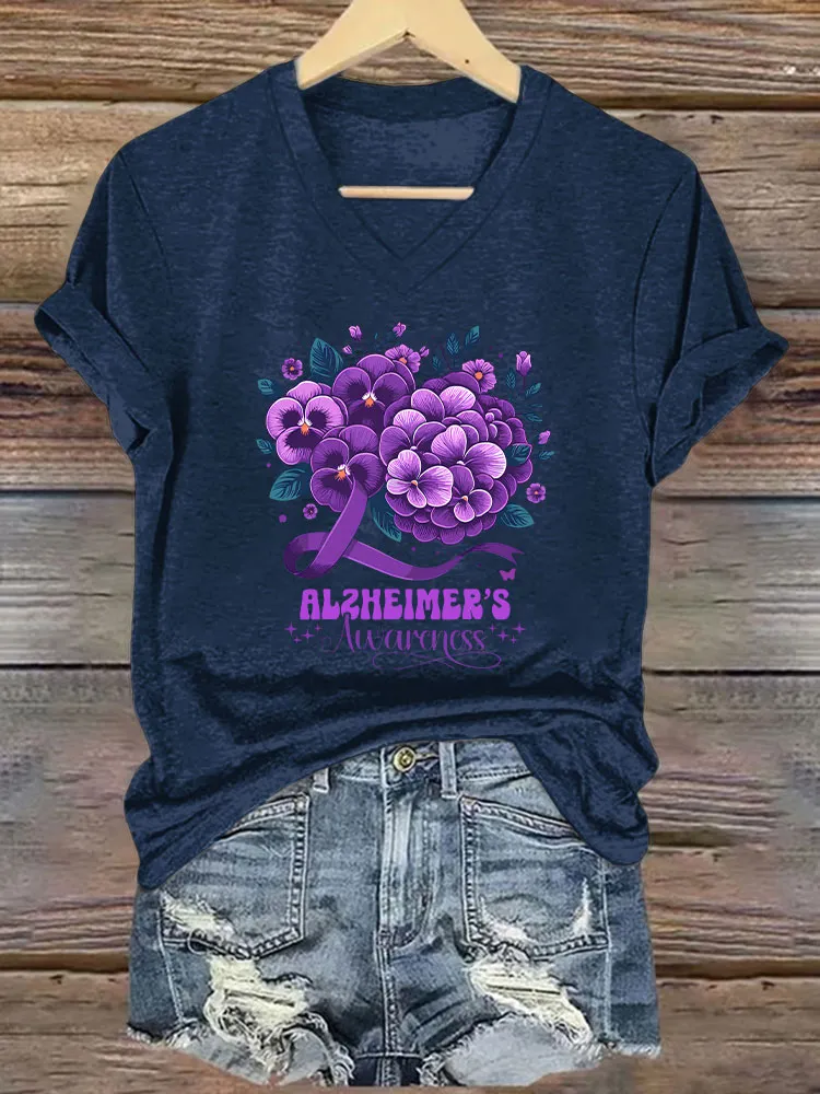 Women's Alzheimer's Print Casual V-Neck T-Shirt