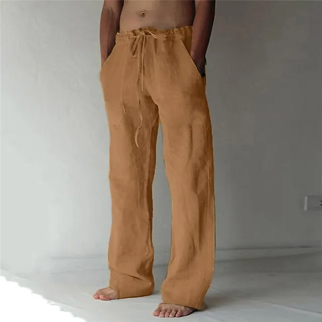 Men's Linen Pants Trousers Summer Pants Baggy Beach Pants Drawstring Front Pocket Straight Leg Plain Comfort Soft Full Length Holiday Beach Yoga Linen / Cotton Blend Fashion Hawaiian Black White