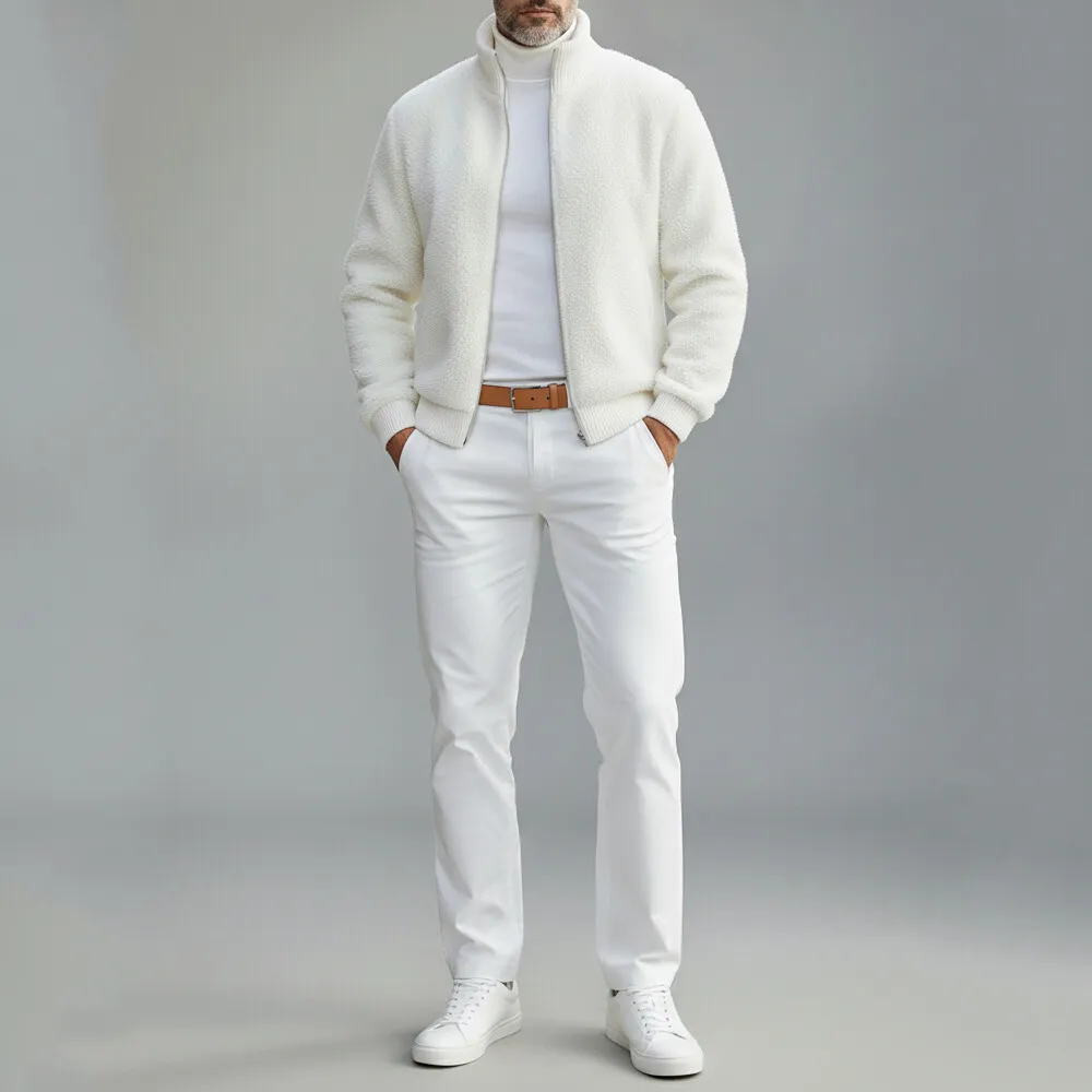 Men's White Teddy Fleece Stand Collar Long Sleeve Zip Up Jacket