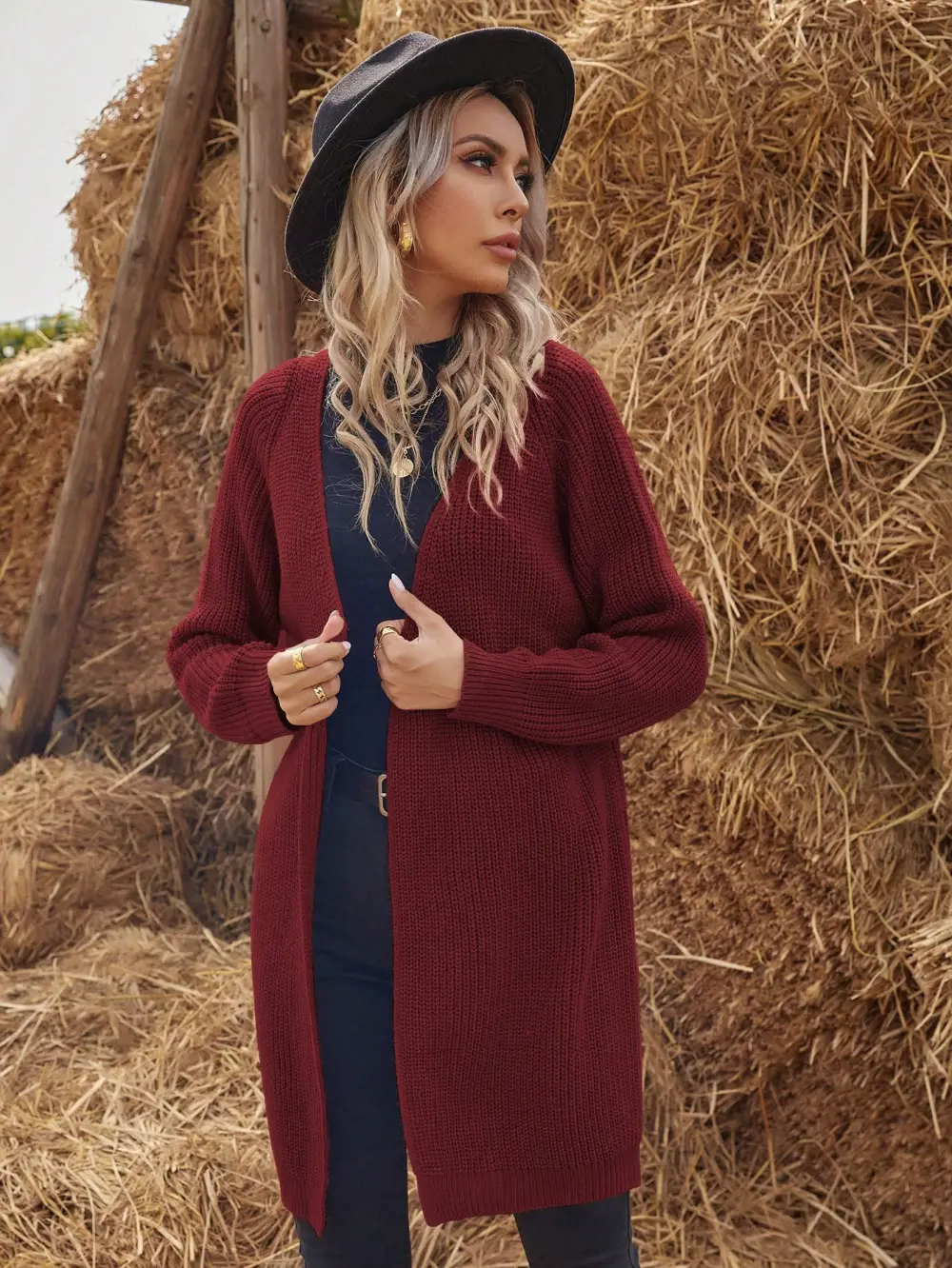 Solid Raglan Sleeve Open Front Cardigan