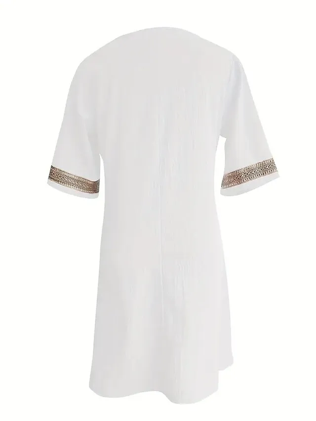 Women's Cotton Linen Dress Casual Dress Shift Dress Midi Dress Cotton And Linen Fashion Modern Outdoor Daily Vacation V Neck Patchwork Half Sleeve Summer Spring 2023 Regular Fit Gray Plain 3XL
