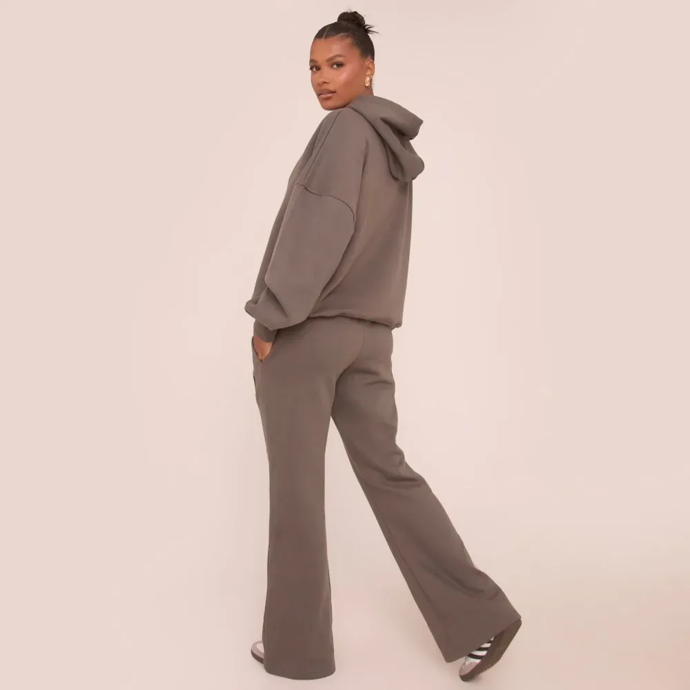 High Waist Ego Graphic Slogan Flared Leg Joggers In Grey