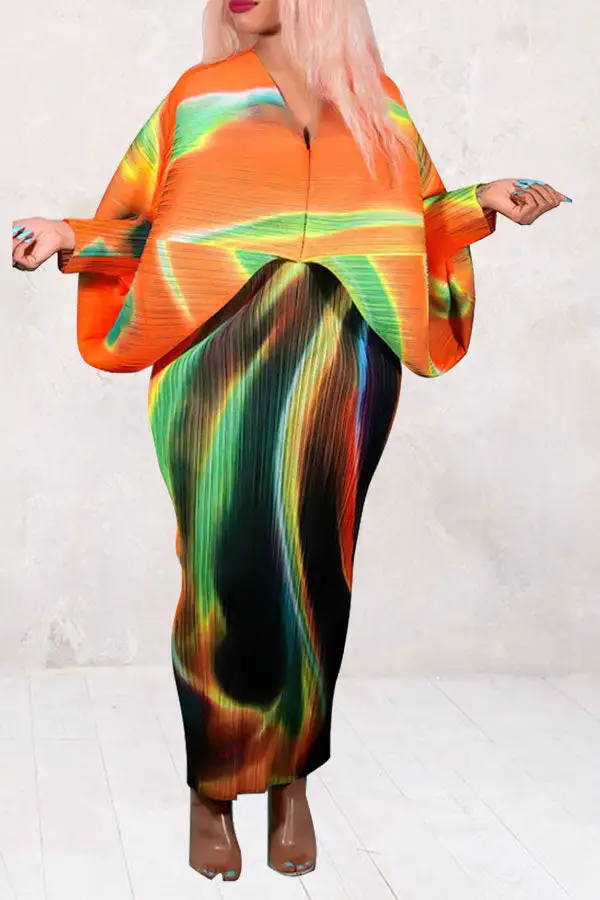 Abstract Print Stylish Batwing Sleeve Midi Dress
