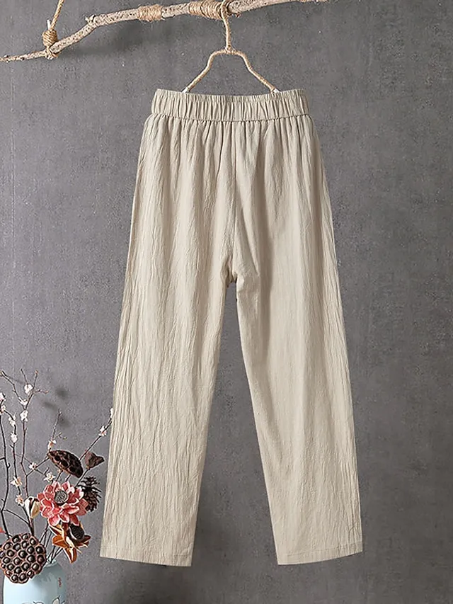 Women's Slacks Baggy Cropped Pants Linen Plain Pocket Baggy Ankle-Length Micro-elastic Mid Waist Streetwear Casual Vacation Casual Daily Black White S M Summer Spring