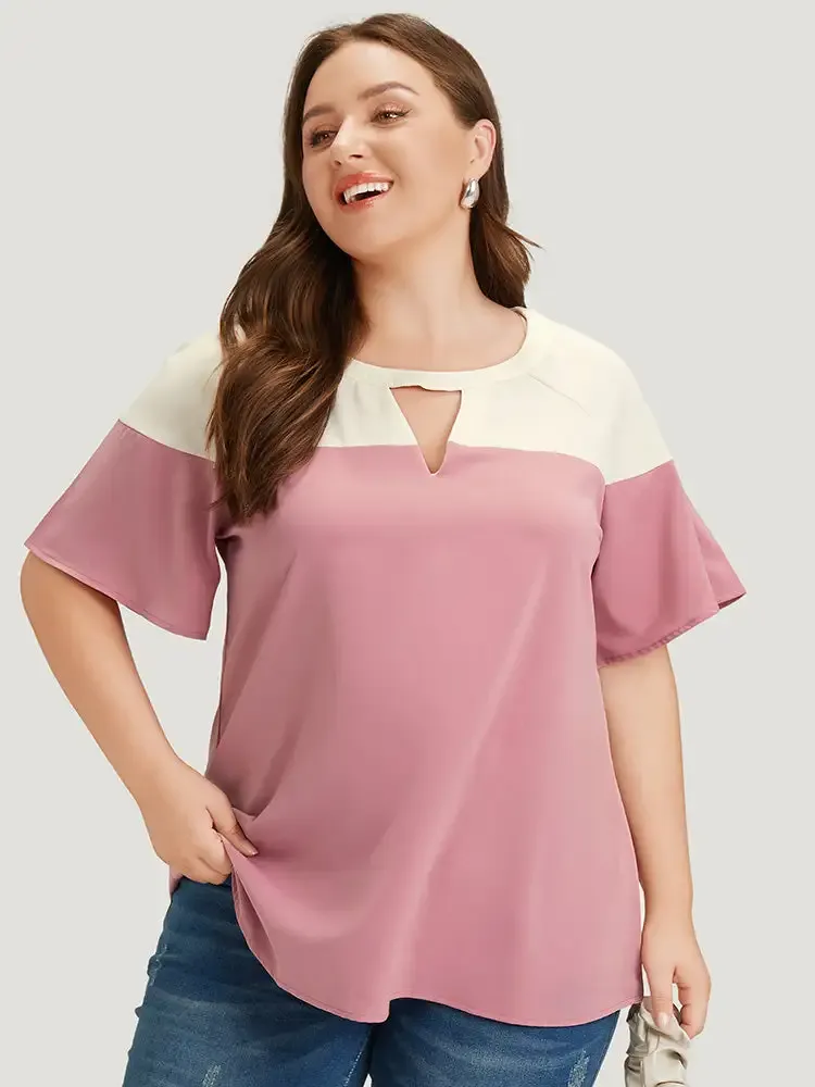 Anti-Wrinkle Two Tone Keyhole Raglan Sleeve Blouse
