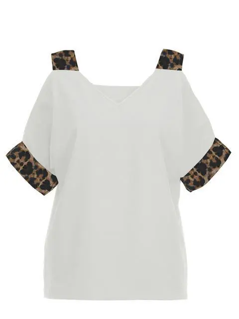 Leopard Print V-neck Cold Shoulder Tops