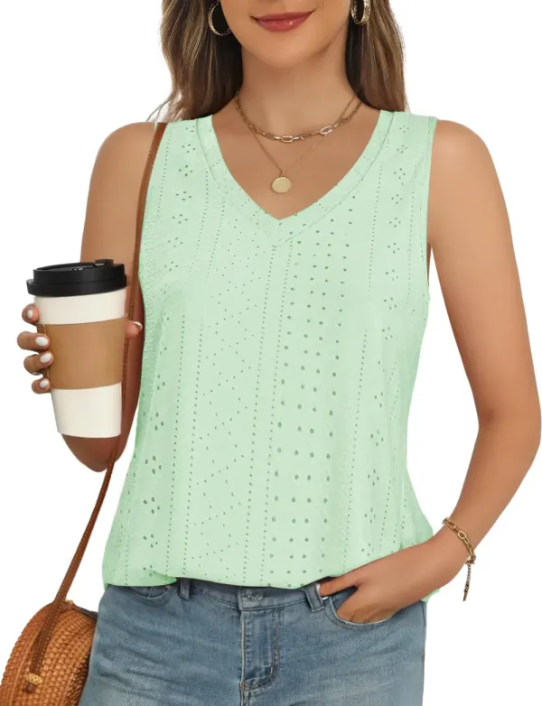 ✨ Womens V Neck Eyelet Embroidery Casaul Sleeveless Shirts