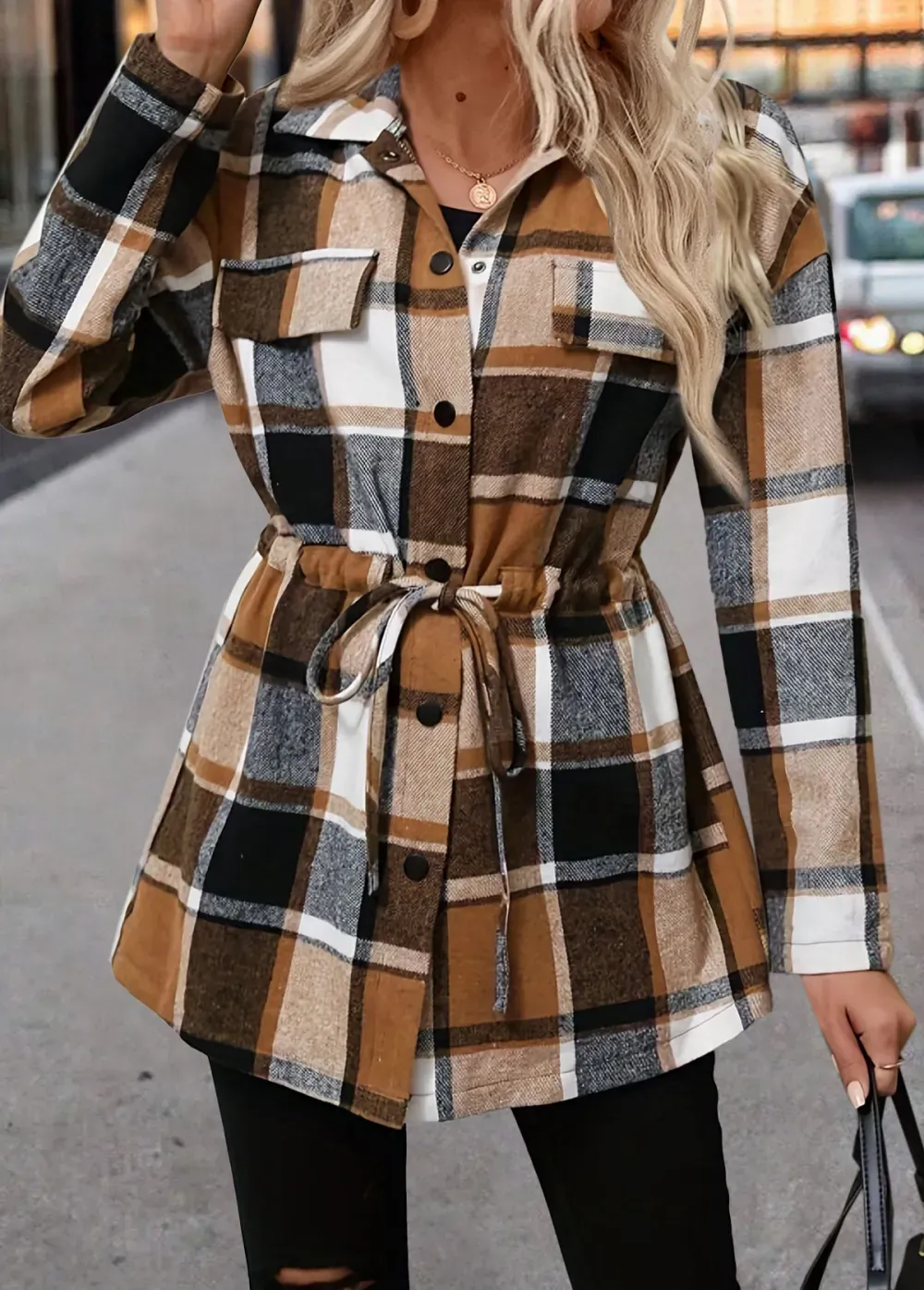 Light Coffee Peplum Plaid Long Sleeve Shirt Collar Blouse