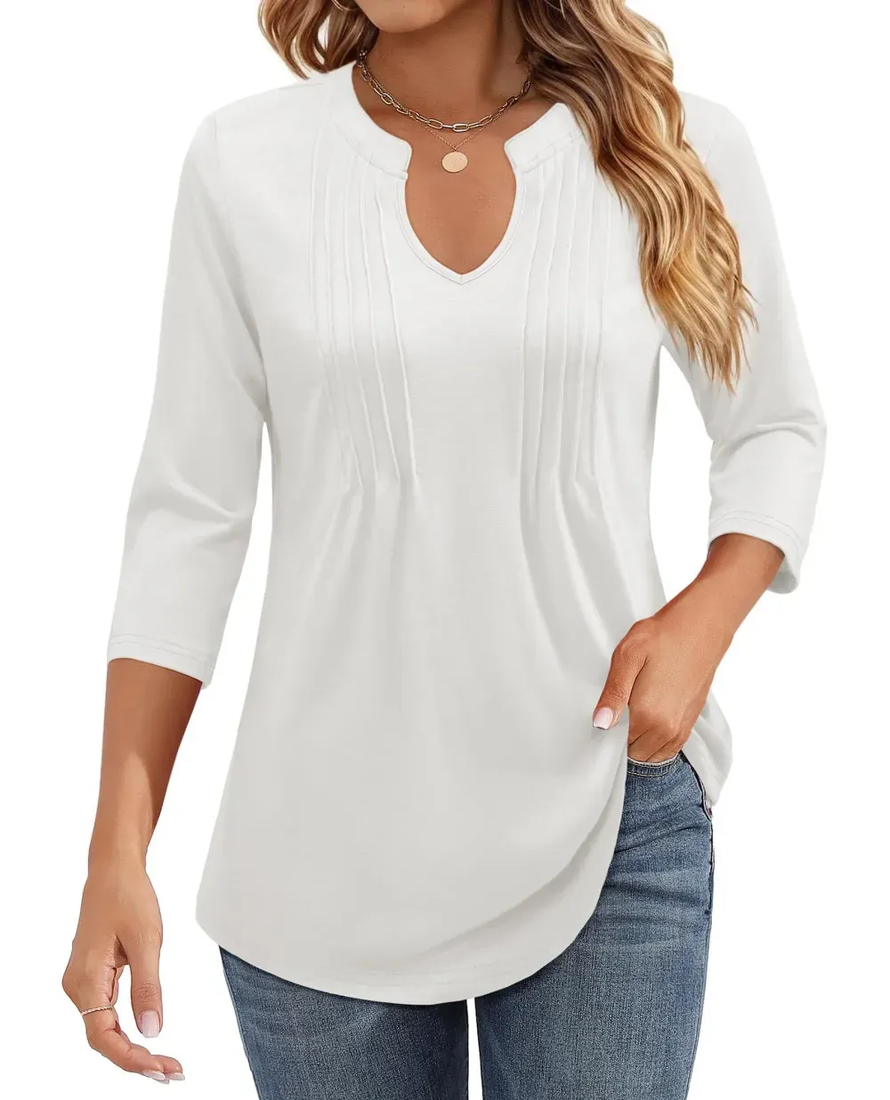 ✨Womens Casual 3/4 Sleeve Pleated Tunic Blouse