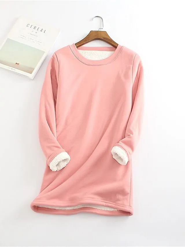 Women's Fleece Lounge Top Pure Color Warm Fashion Casual Home Street Daily Cotton Warm Crew Neck Long Sleeve Pullover Winter Denim Blue Melon red