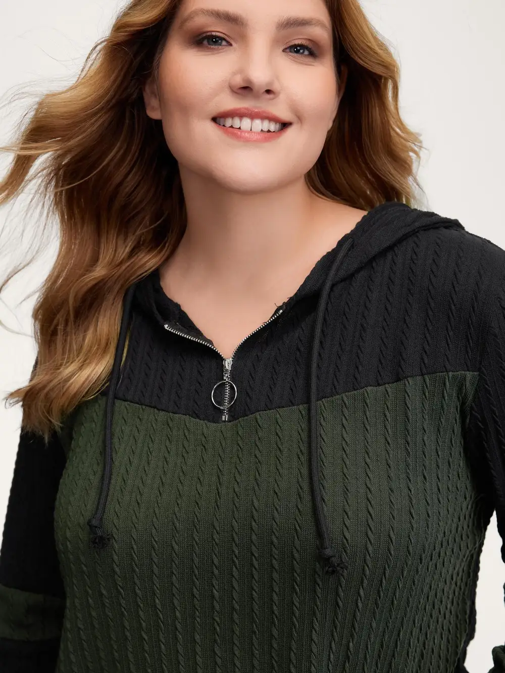 Textured Color Contrast Half-Zipper Hoodie