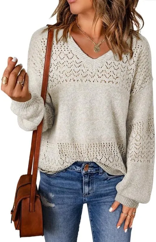 Womens Sweaters Casual Long Sleeve V Neck Lightweight Crochet Pullover Sweater Tops