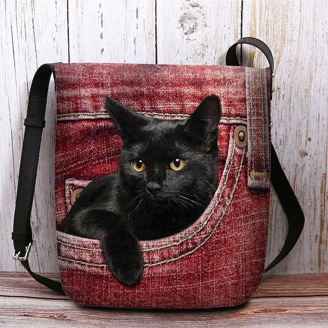 Women's Crossbody Bag Shoulder Bag Fluffy Bag Polyester Outdoor Daily Holiday Print Large Capacity Lightweight Durable Cat Yellow Red Blue