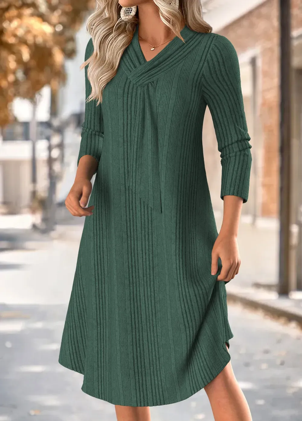 Blackish Green Tummy Coverage Long Sleeve V Neck Dress
