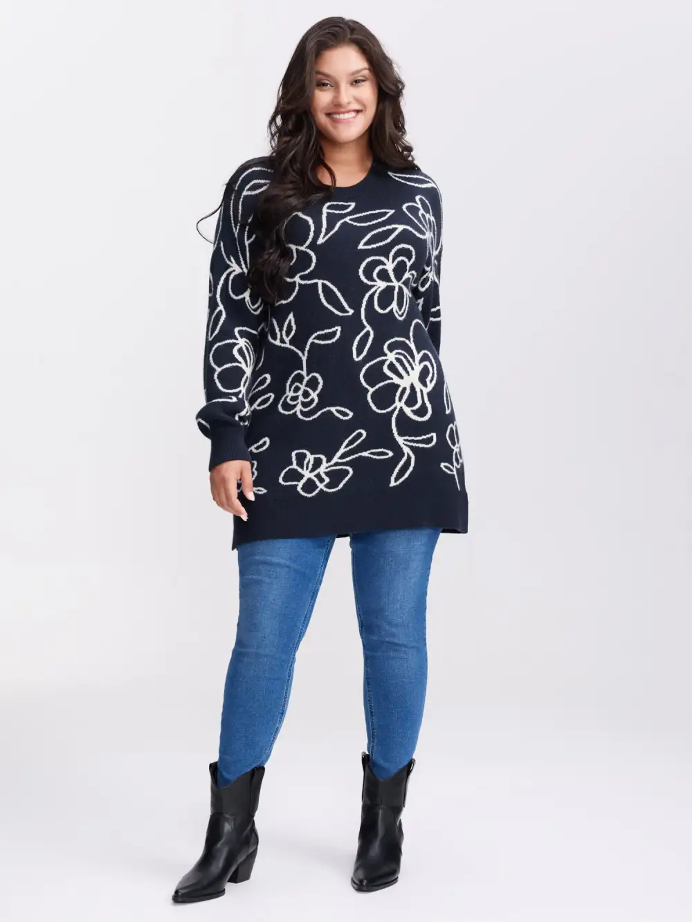 Round Neck Floral Split Hem Pullover