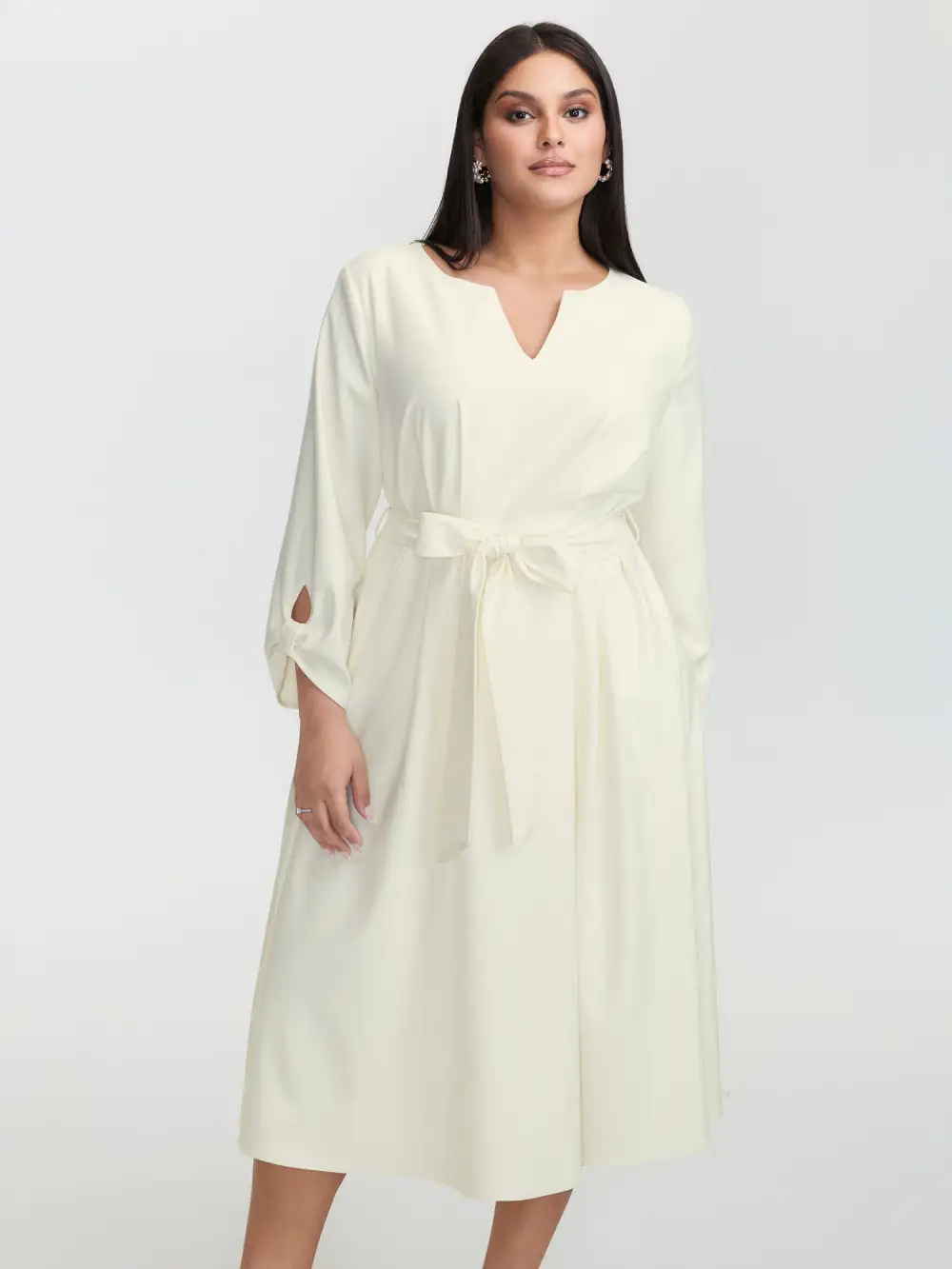 Pleated Split Neck Waist-Tie Maxi Dress